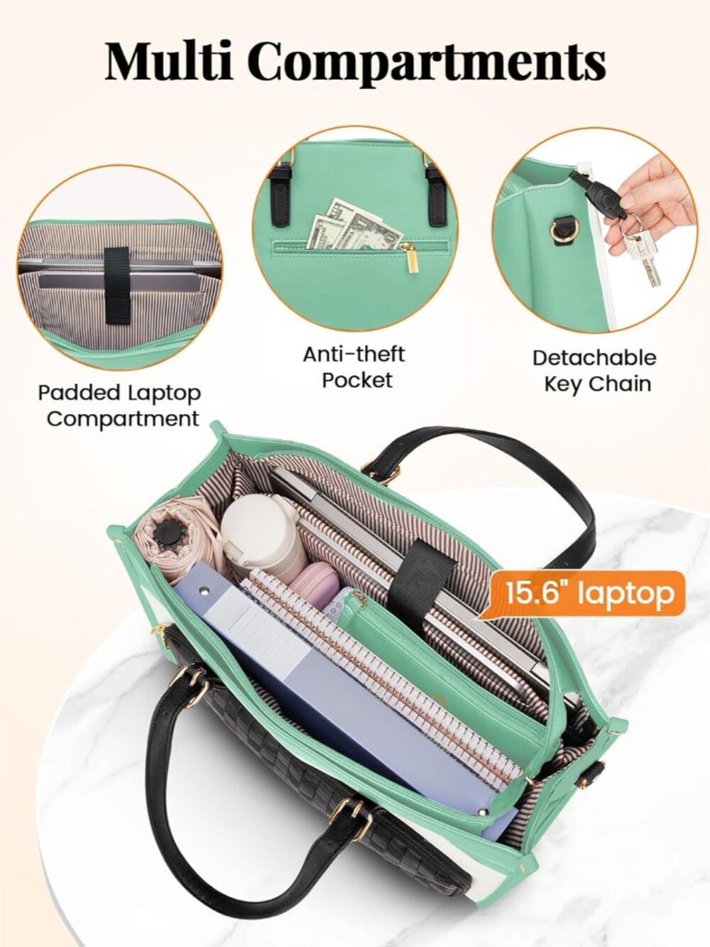 Tote Lunch Bag for Women, 15.6 Inch Laptop Tote with Larger Insulated Lunch Comp - Picture 5 of 9